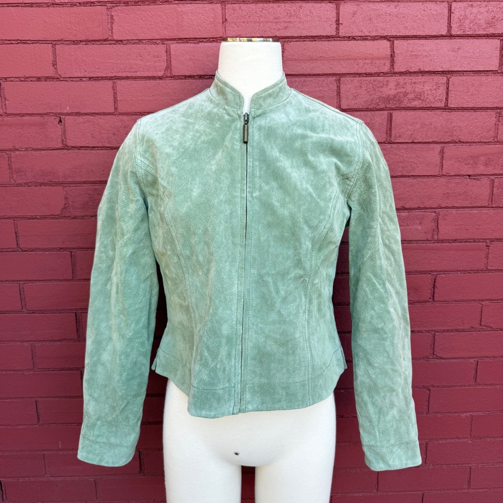 Chicos Suede Leather Jacket Mint Green Mandarin Collar Zip Up‎ Cropped Size 0